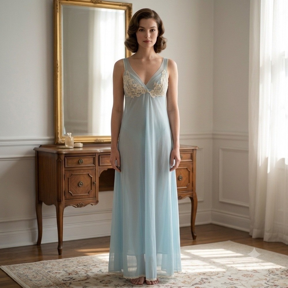 Vtg Hollywood Vassarette Nightgown Light Blue Lace Maxi Slip Dress Coquette 34